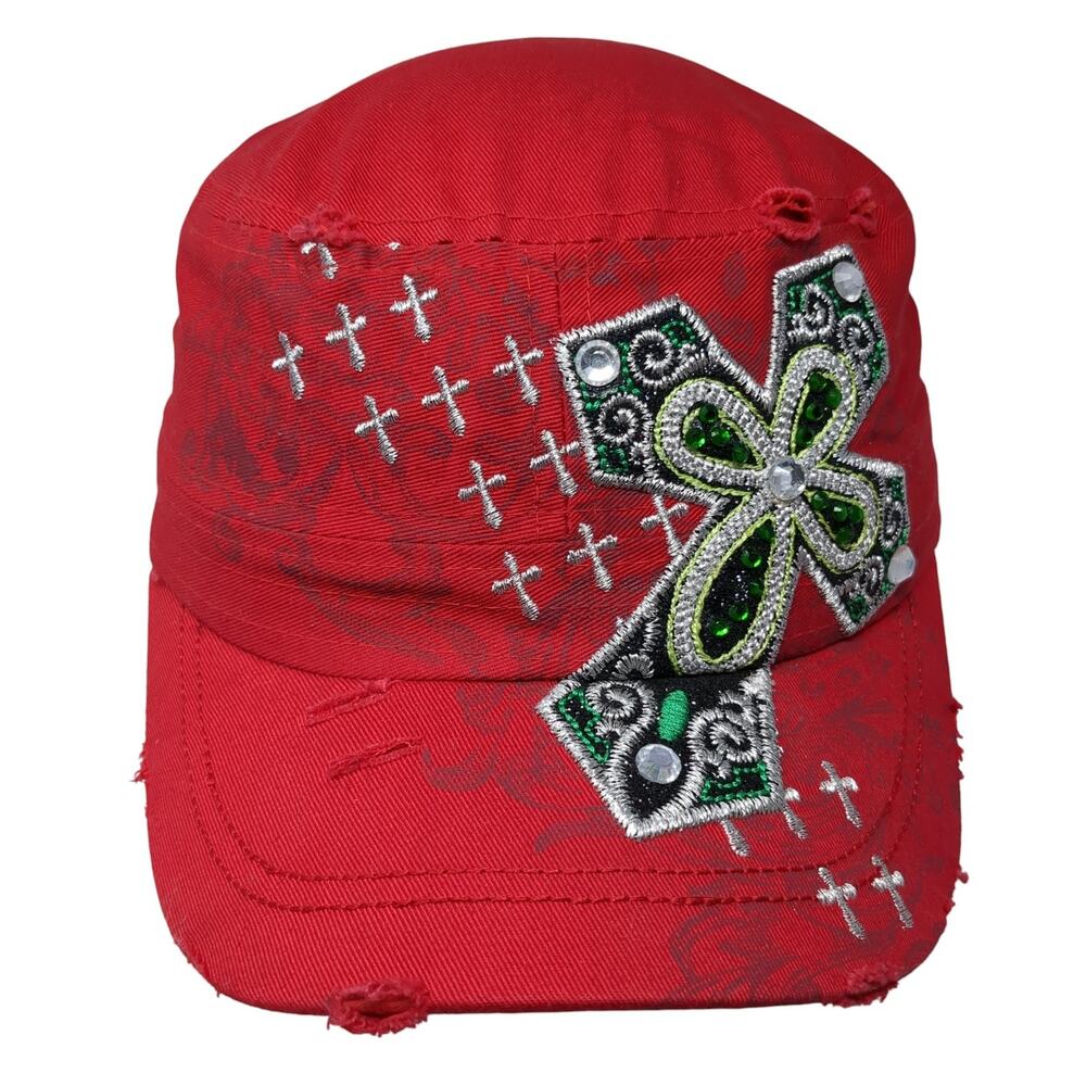 Cross Rhinestone Slideback Army Cap Red One Size Embroidered Leader